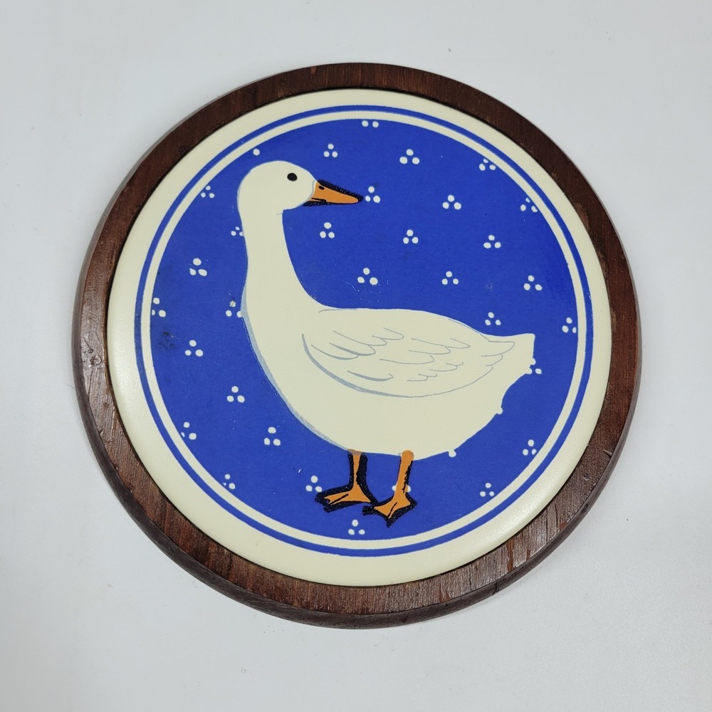 Vintage 80s Wood Ceramic Geese Duck Wall Hanging Country Blue White